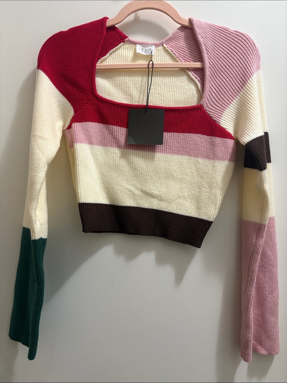 Le Lis Colorblock Cropped Square-Neck Sweater in Cream, Pink, Red, Green & Brown